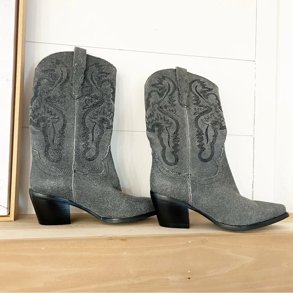 New Jeffrey Campbell Dagget Western Boots Distressed Grey Cowgirl - Picture 3 of 6